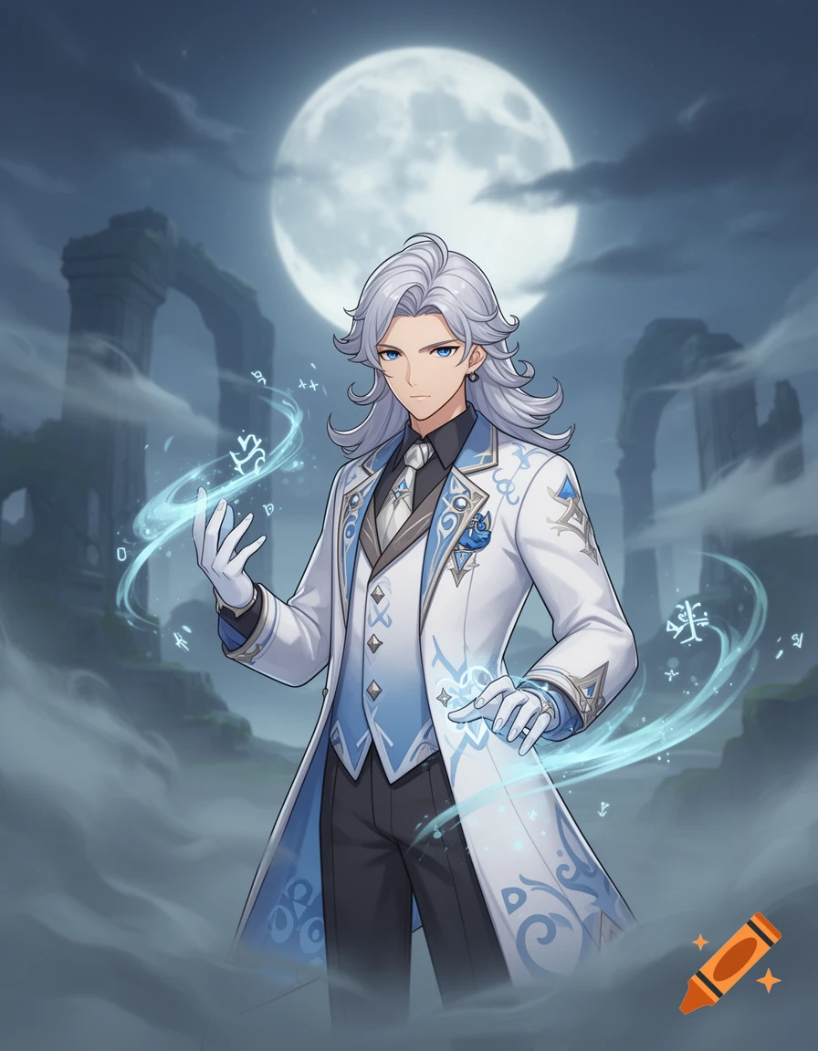 A male anime character with white hair, blue eyes, and a white and blue suit, casting magic under a full moon amidst ancient ruins.