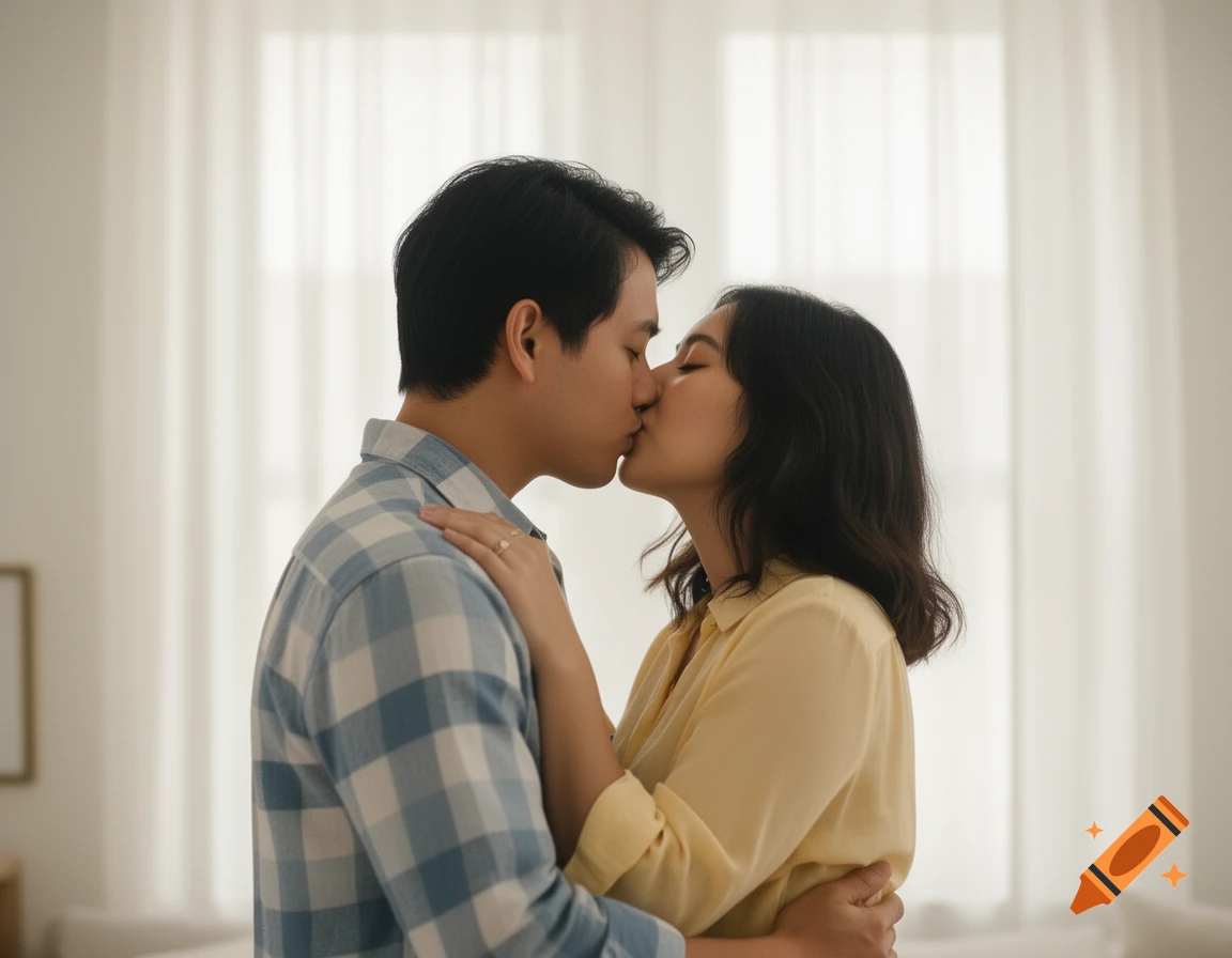 A man and woman with dark hair are kissing, embracing each other in a softly lit room.