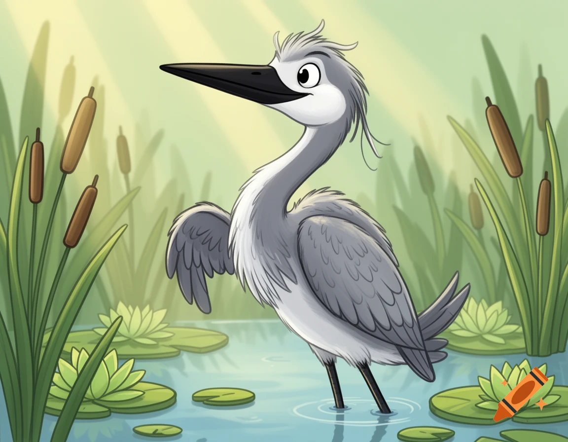 A cartoon grey and white heron stands in a marsh with lily pads and cattails under a sunny sky.