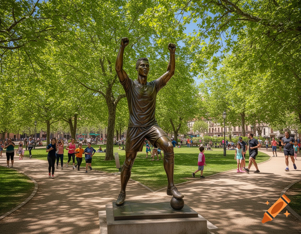 A bronze statue of soccer player Cristiano Ronaldo stands with raised fists in a sunny park with lush green trees and people walking.