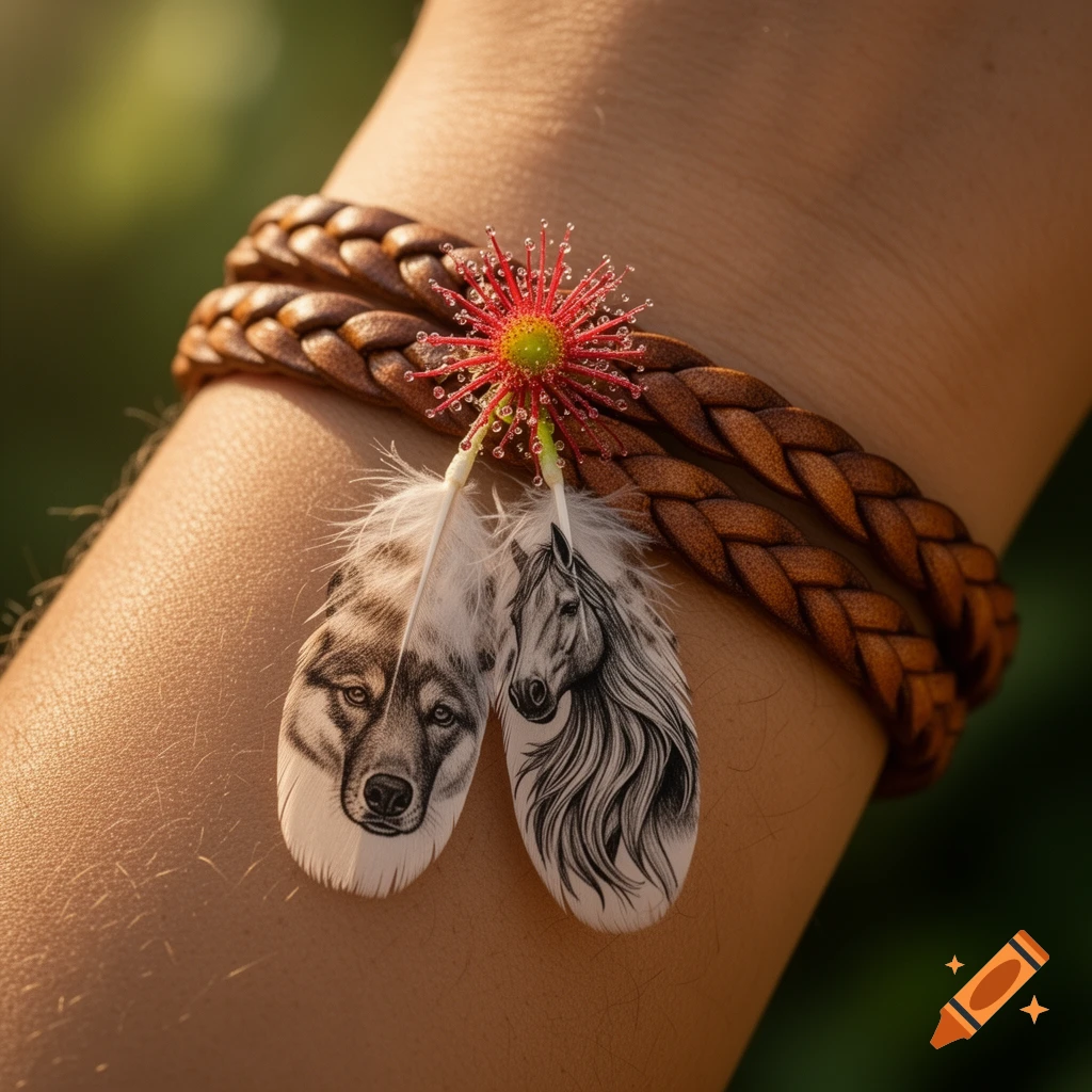 Close-up of a braided leather bracelet with a red sundew flower and two feathers featuring a wolf and horse, worn on an arm.