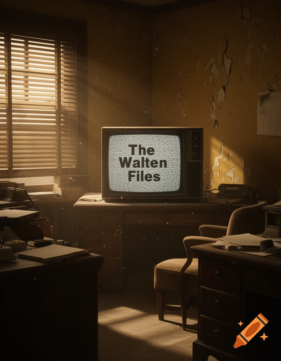 An old, dusty room with peeling yellow wallpaper, sunlight streaming through window blinds, and a vintage TV displaying "The Walten Files" amidst static.