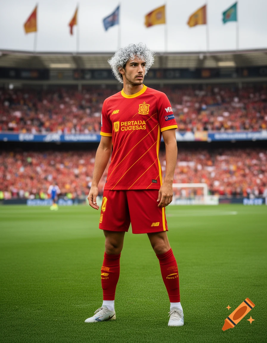 A photorealistic image of a male footballer in a red and yellow uniform with gray curly hair, standing on a green grass field in a stadium with a crowd.