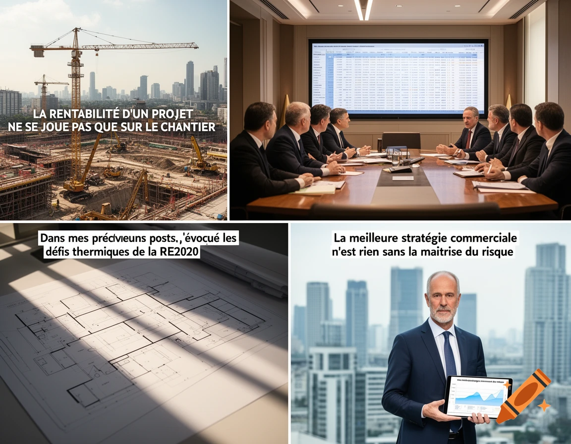 A collage of four business-related images, including a construction site, a meeting room, architectural blueprints, and a businessman with a tablet in front of a city skyline, all with French text overlays.