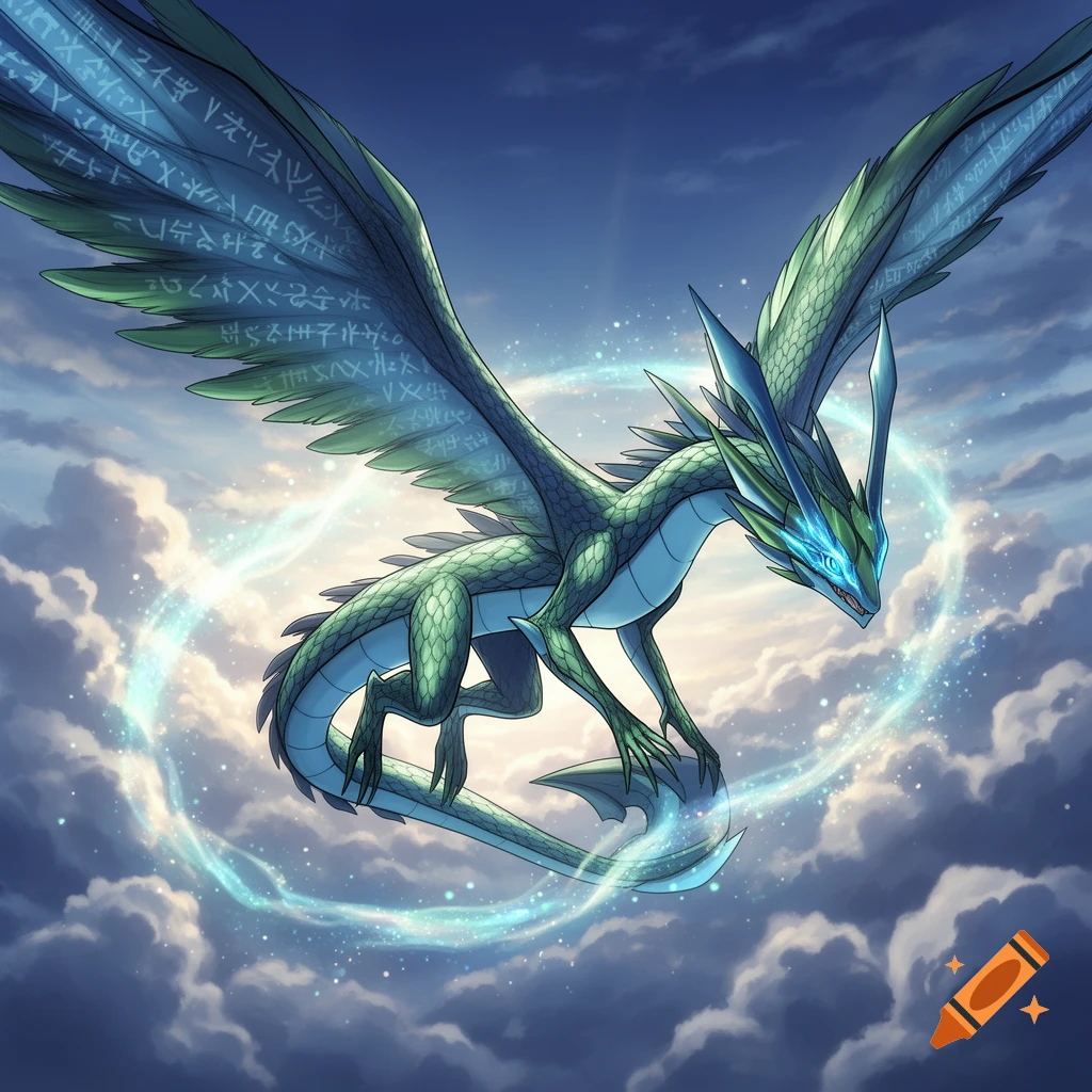 A green and blue fantasy dragon with glowing eyes and runic wings flies through a cloudy blue sky, encircled by magic.