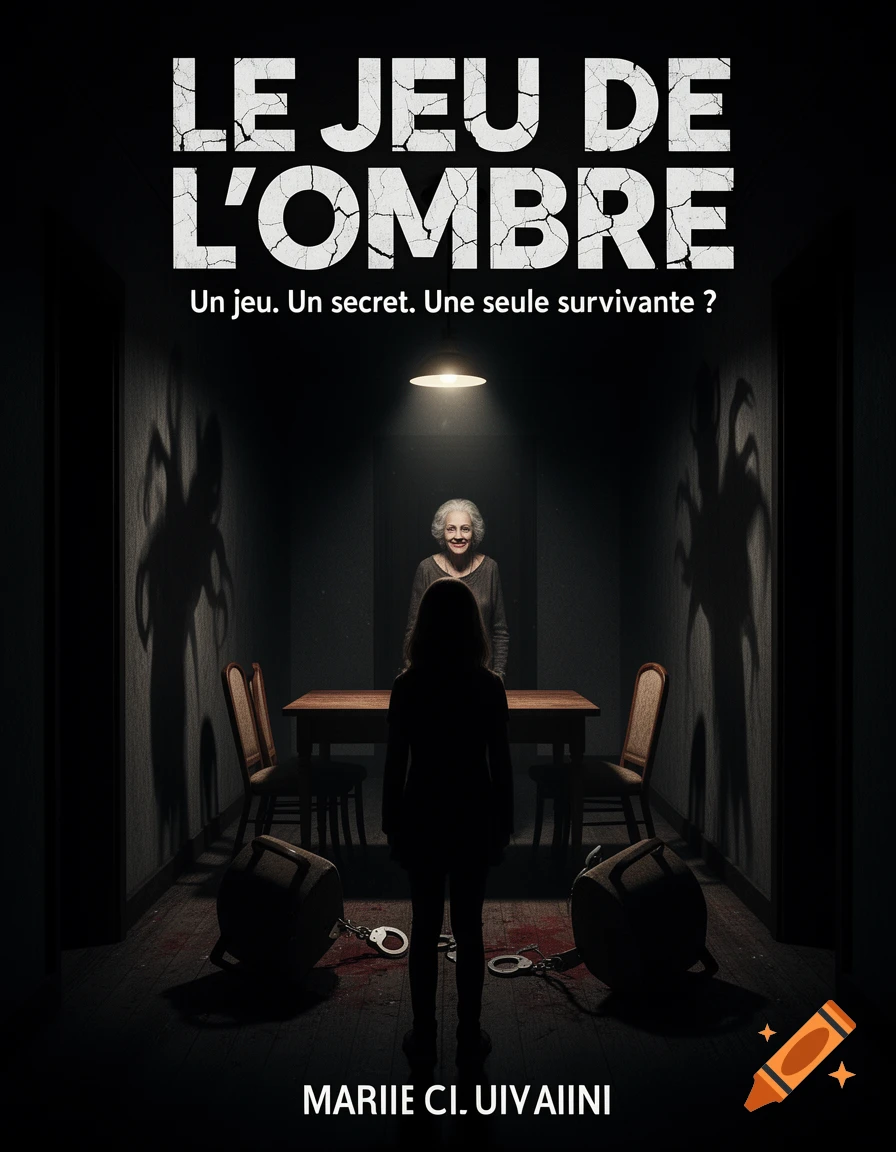 A dark, unsettling horror book cover featuring a silhouetted girl, a smiling old woman, handcuffs, and monstrous shadows.