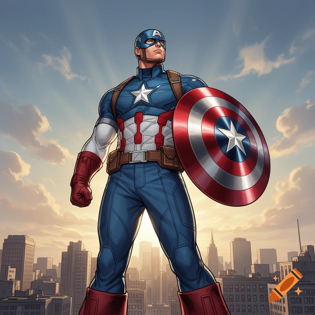 Captain America in his iconic suit and shield stands proudly over a city at sunset, rendered in a vibrant comic art style.