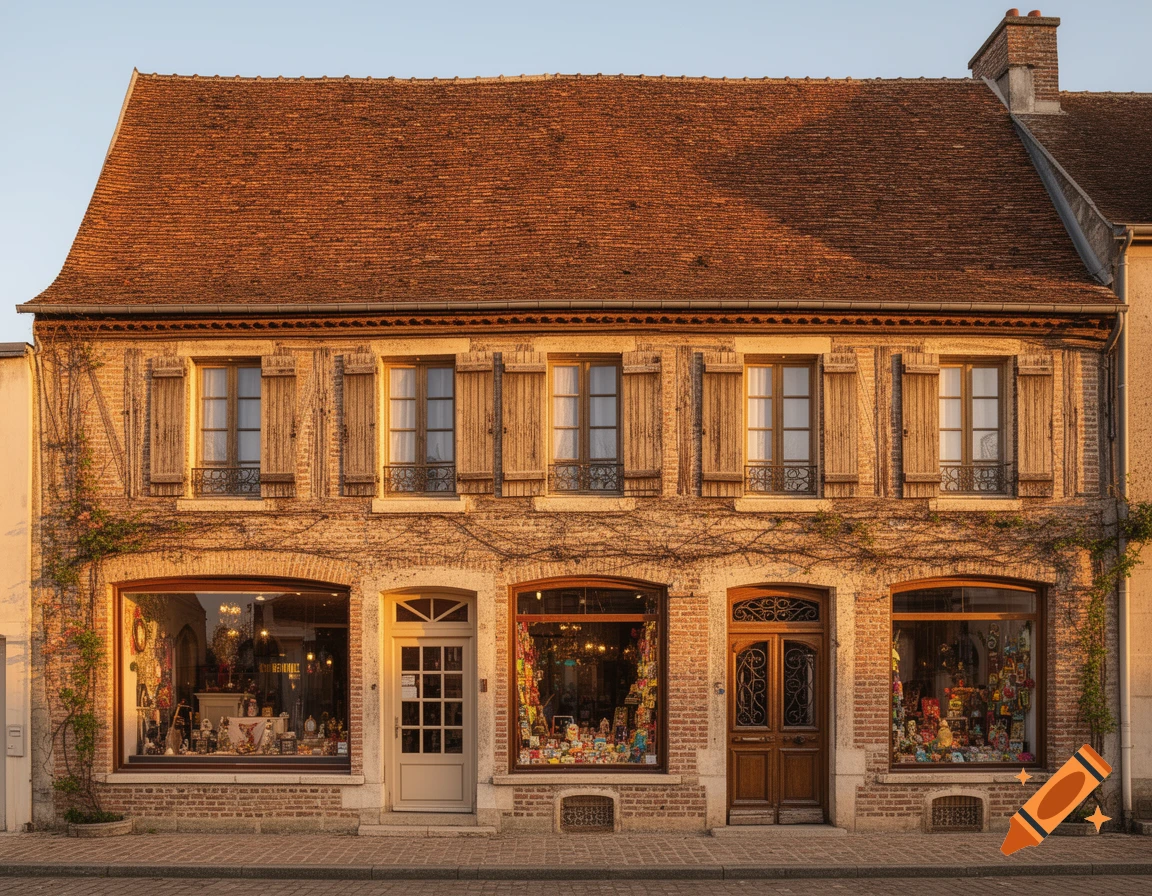 Photorealistic image of an old brick building with a tiled roof, multiple windows, and three ground-floor shopfronts, illuminated by warm sunlight.