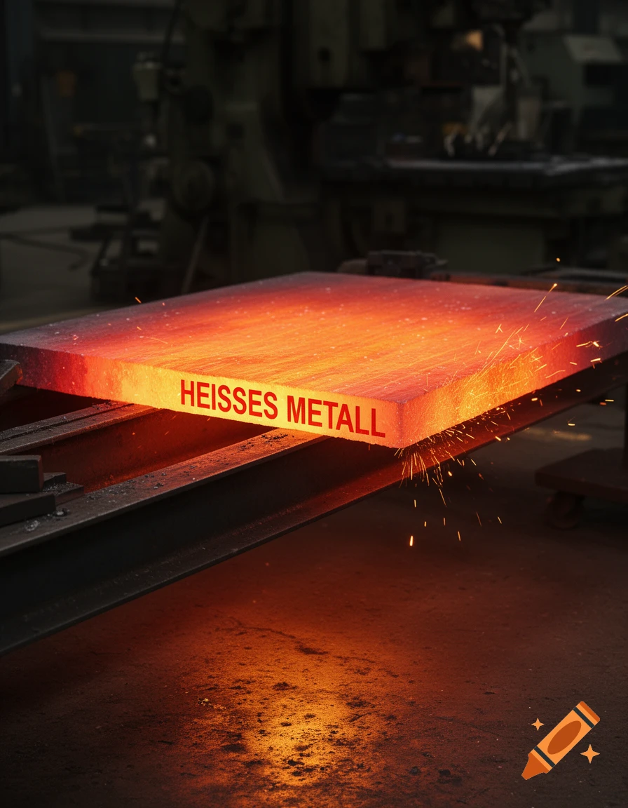 A large, rectangular slab of glowing red-hot metal with sparks flying sits on a conveyor in a dark factory, photorealistic.