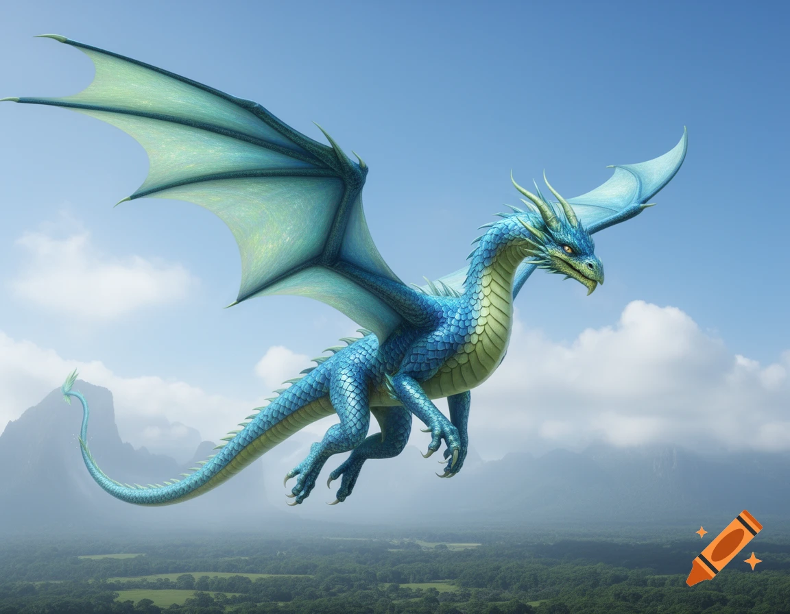 A vibrant blue and light green dragon with large wings flies against a clear blue sky over a forested landscape.