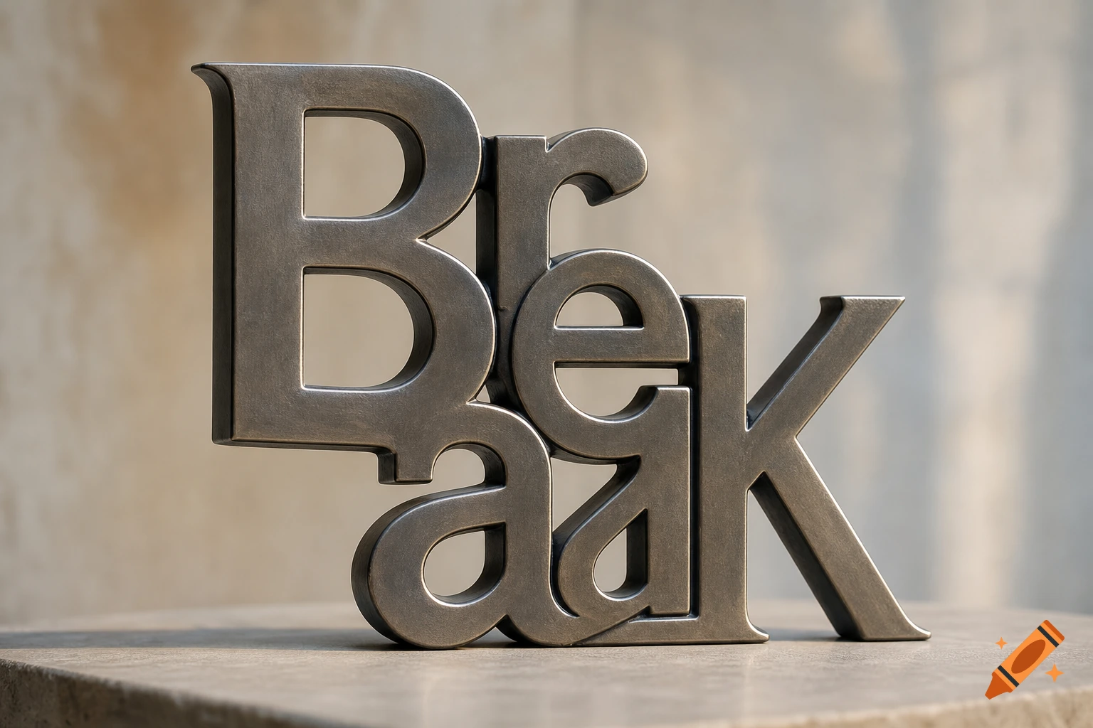 A metallic 3D sculpture of the word "Break" with overlapping letters, resting on a light-colored surface.