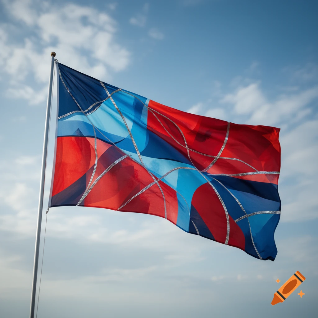 A flag with a red and blue abstract, geometric design, outlined in silver, waving against a partly cloudy blue sky.