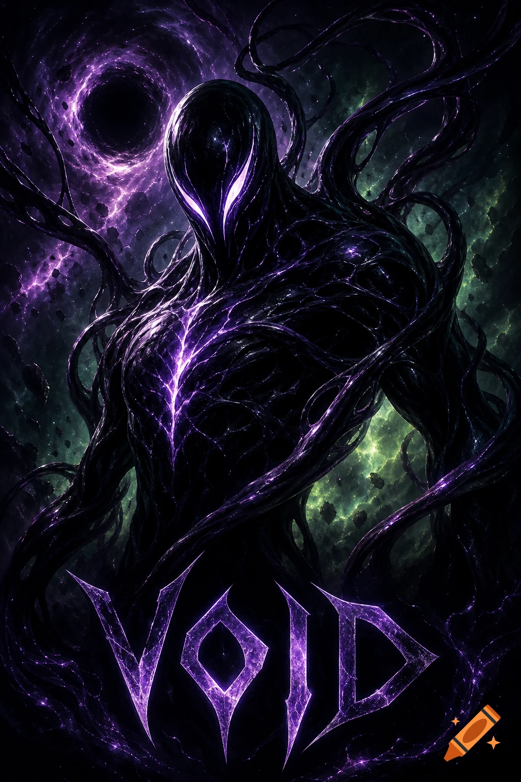 A dark, tentacled alien creature with glowing purple features against a cosmic purple and green vortex. The word 'VOID' is at the bottom.