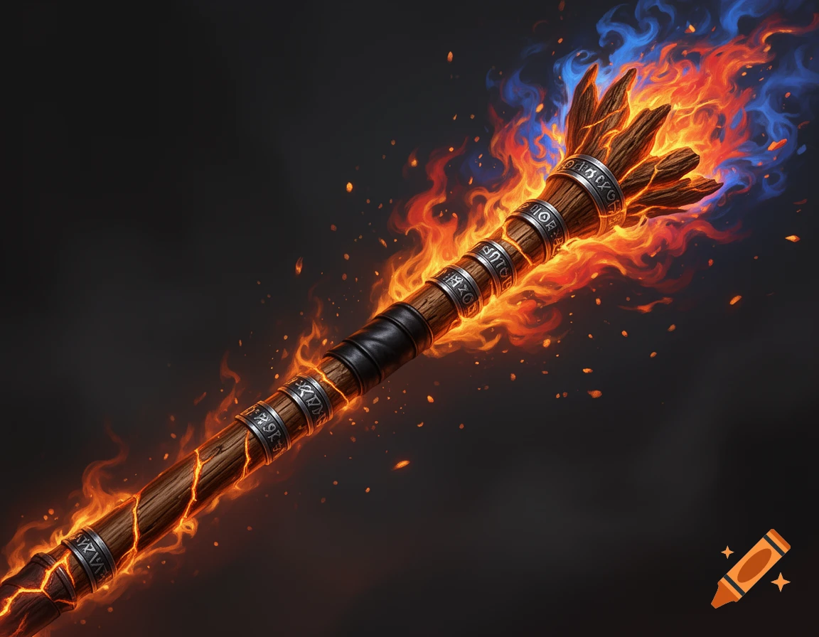A fantasy staff with glowing arcane runes and fiery orange, red, and blue flames on a dark background.