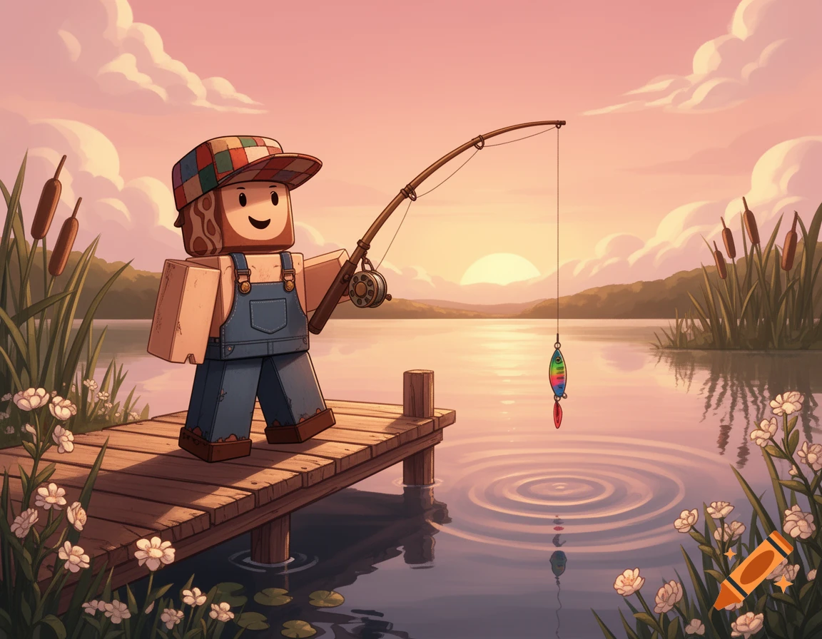 A blocky character in overalls and a plaid cap fishes from a wooden dock at sunset, with a colorful lure just above the water.