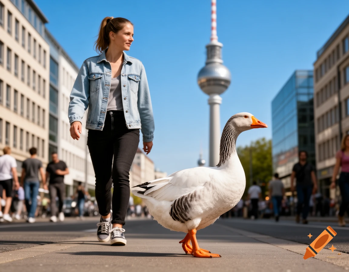 A woman walks behind a large white goose on a city street, with the Berlin TV Tower in the background.