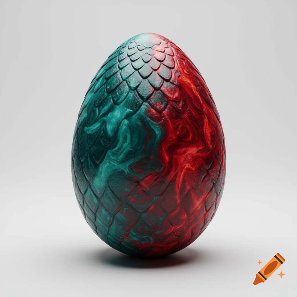 A detailed, scaly dragon egg with swirling red and teal colors against a white background.