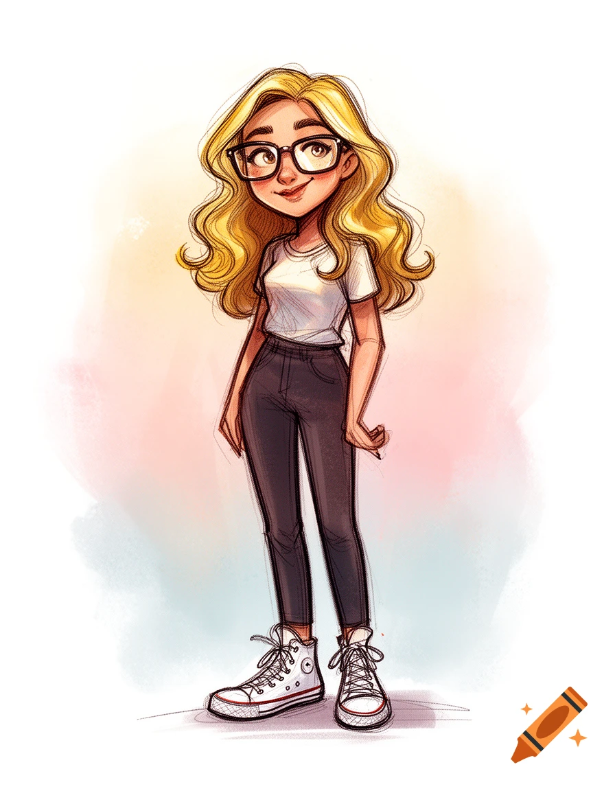 A cartoon woman with long blonde wavy hair, glasses, a white t-shirt, dark jeans, and white Converse sneakers, standing.