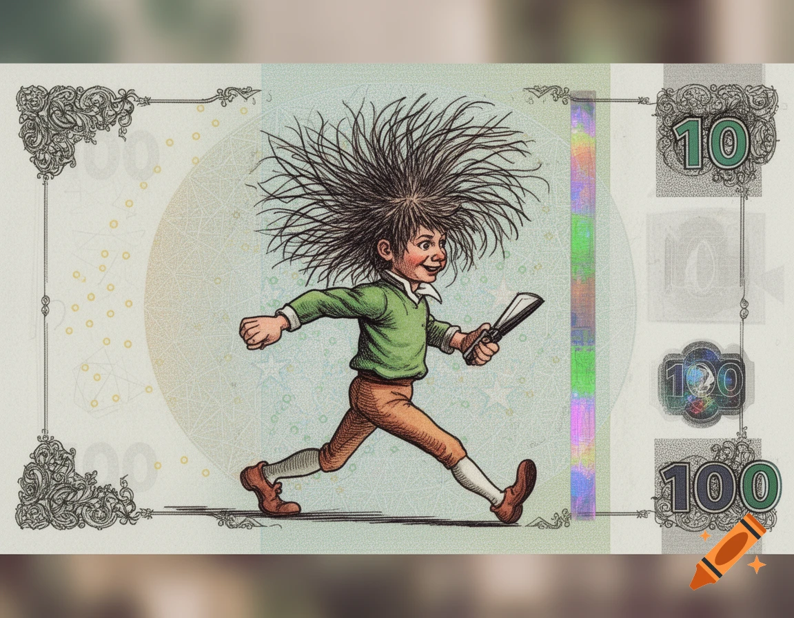 A cartoon boy with spiky hair, wearing a green shirt and brown pants, runs across a patterned background resembling a banknote, holding a book. The background features ornate borders and the numbers "10" and "100".
