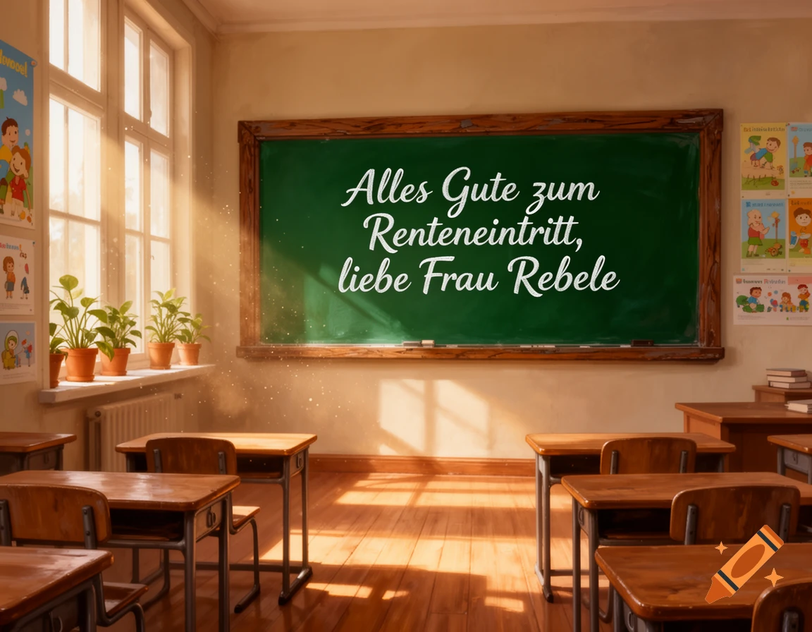 Empty classroom with sunlight on wooden desks. A green blackboard reads 'Alles Gute zum Renteneintritt, liebe Frau Rebele'.