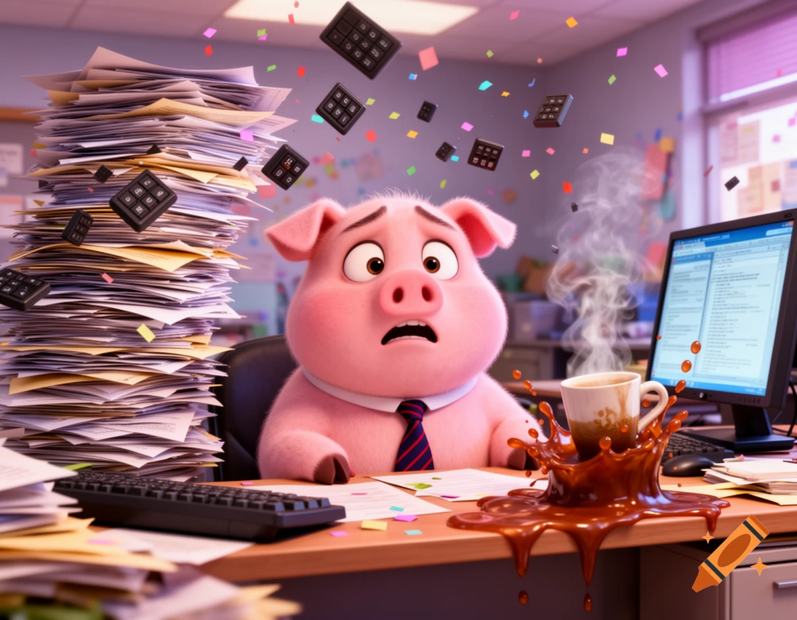 A pink Pixar-style pig wearing a tie looks stressed at a chaotic office desk with falling papers, calculators, and spilled coffee.