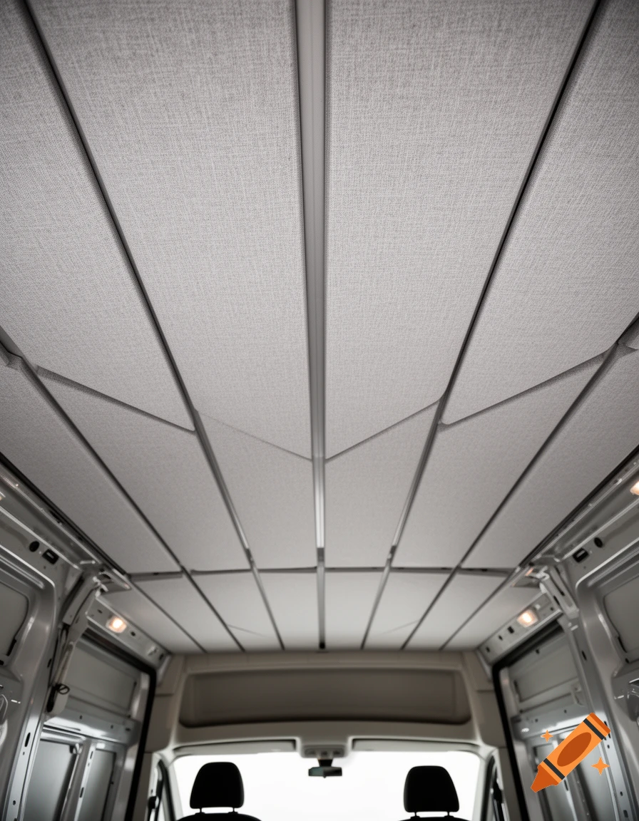 Photorealistic view of a Citroen Jumper van's interior ceiling covered with grey acoustic panels angled towards the center.