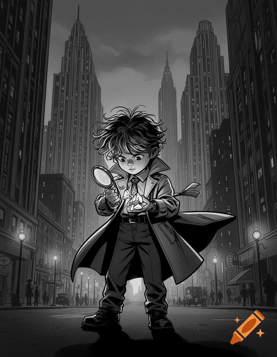 A young comic noir style detective holds a magnifying glass, examining something in a dark city street with tall buildings.