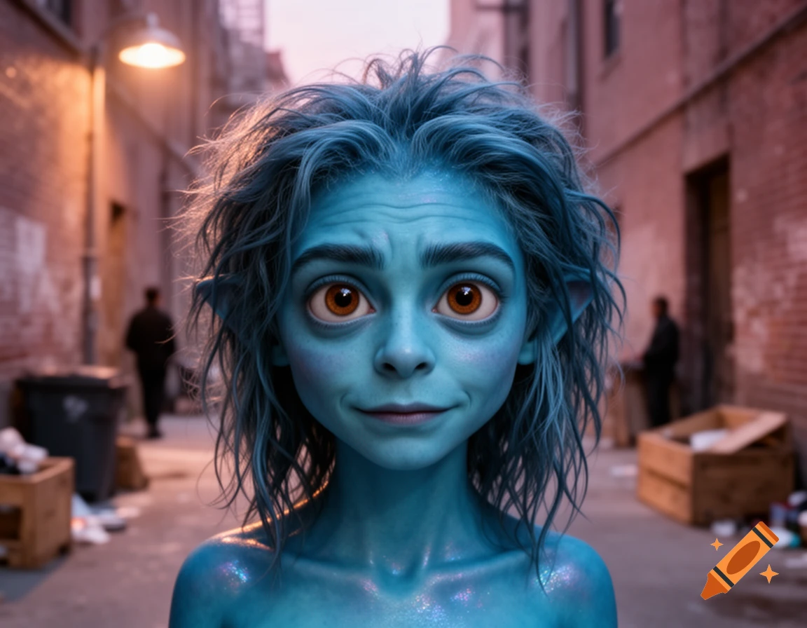 A blue-skinned, blue-haired creature with large brown eyes looks forward in a gritty alleyway, illuminated by a street lamp.