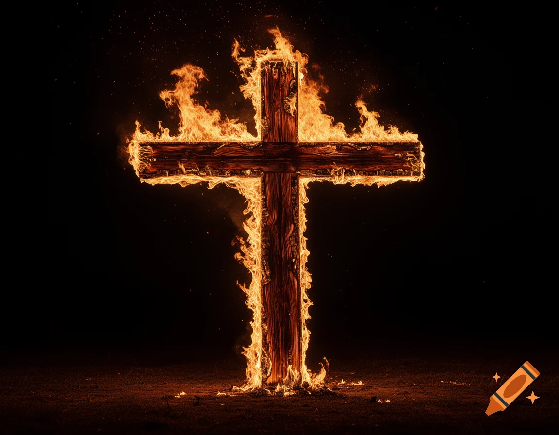 A sturdy wooden cross stands engulfed in bright orange flames, casting a warm glow against a dark, somber background, with scattered embers on the ground.