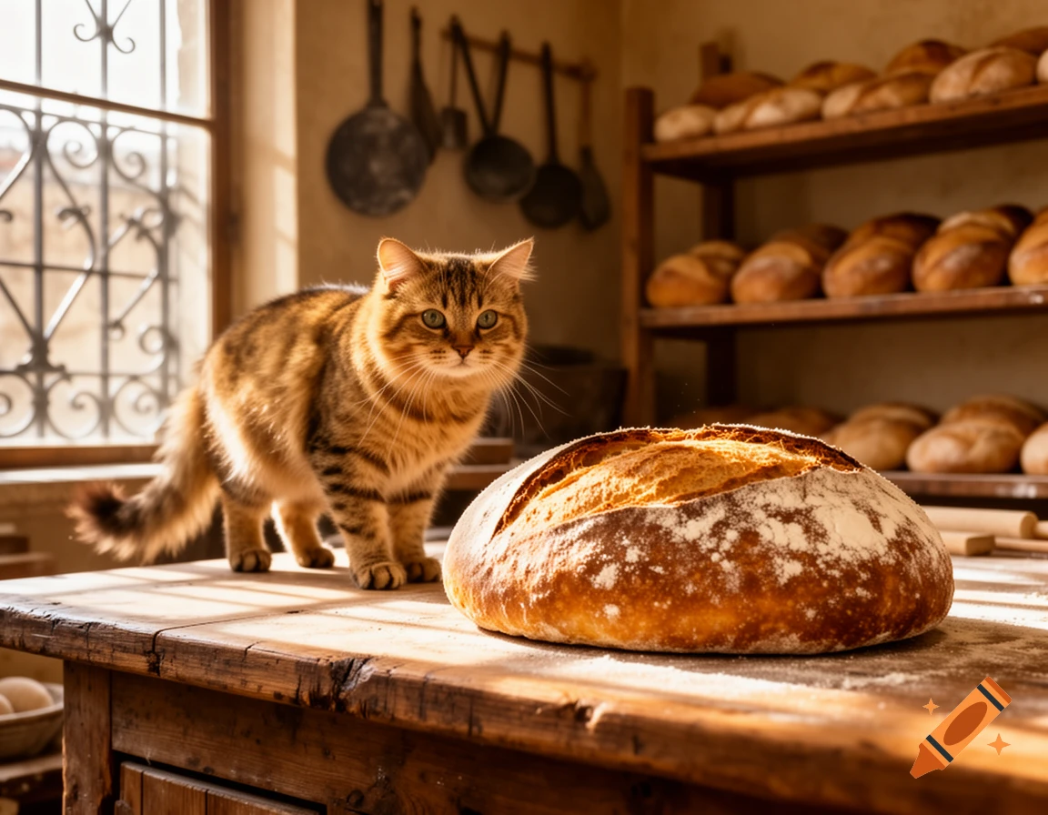 A tabby cat stands on a wooden table next to a rustic loaf of bread in a sunlit bakery.