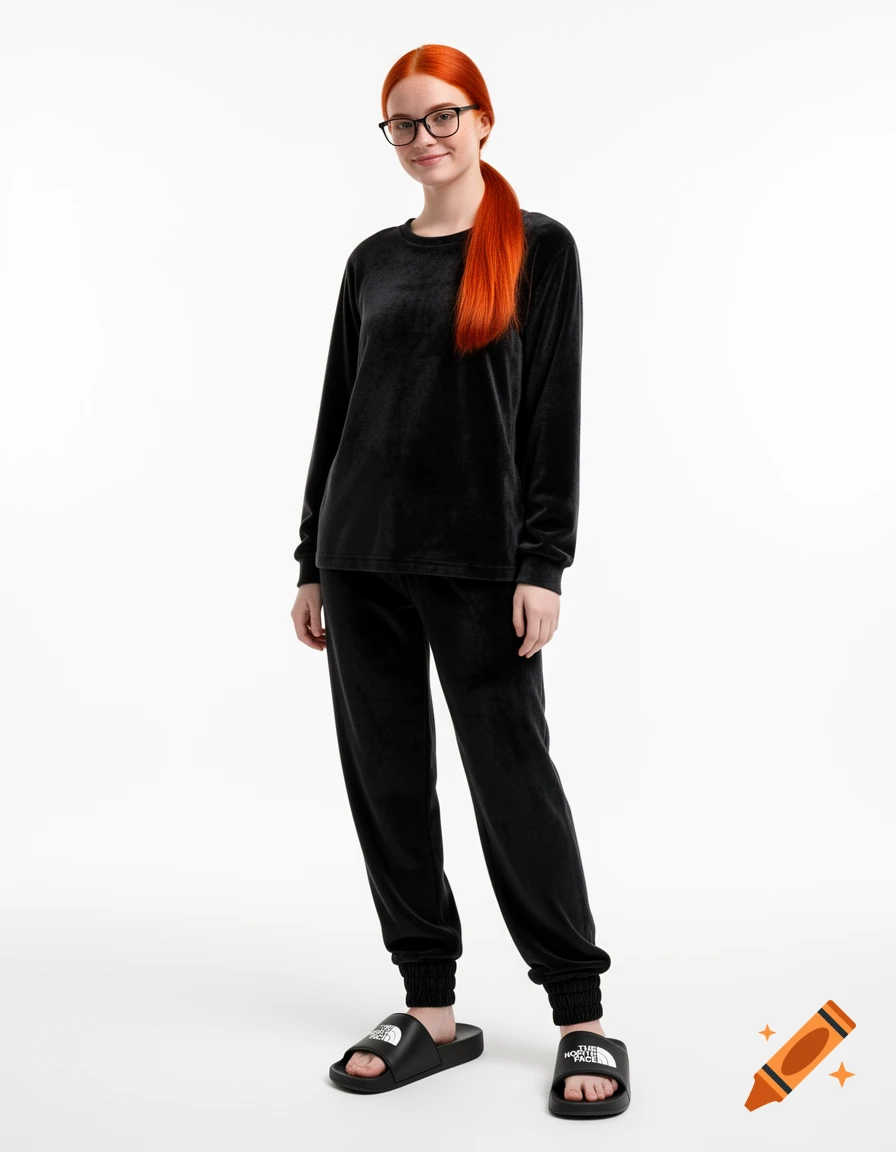 A woman with red hair and glasses wears a black velvet pajama set and oversized black The North Face slides, standing against a white background.