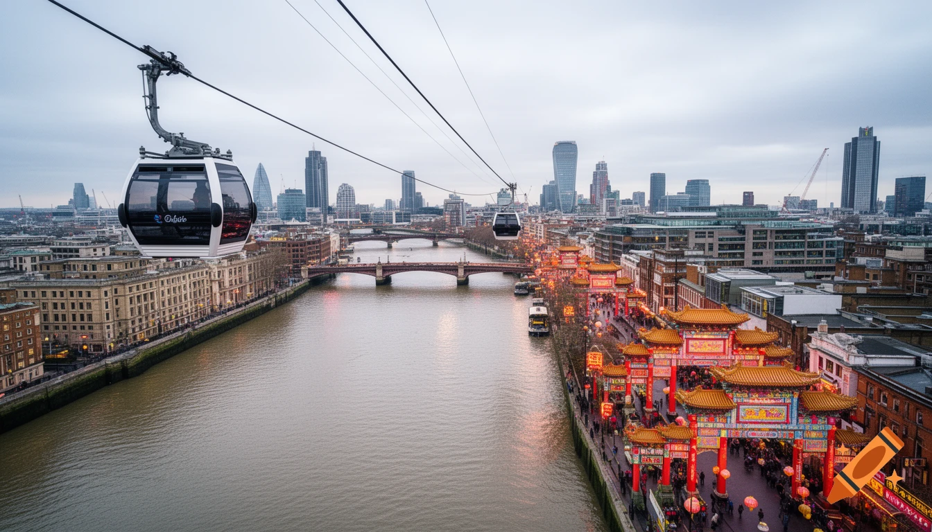 Aerial view of London showing a cable car above the River Thames, with the vibrant Chinatown and city skyline in the background.