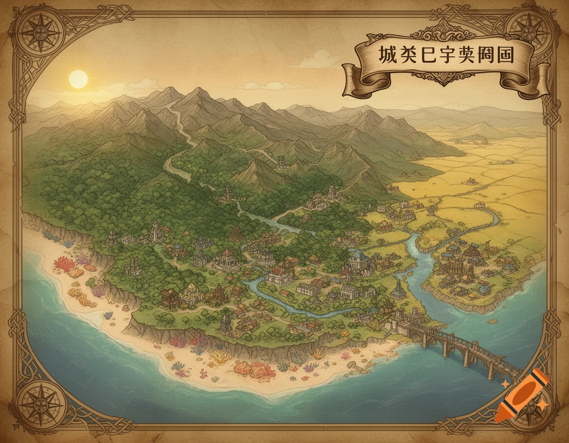 Stylized fantasy map depicting a coastal territory with mountains, forests, a river, towns, a bridge, and an ornate border.