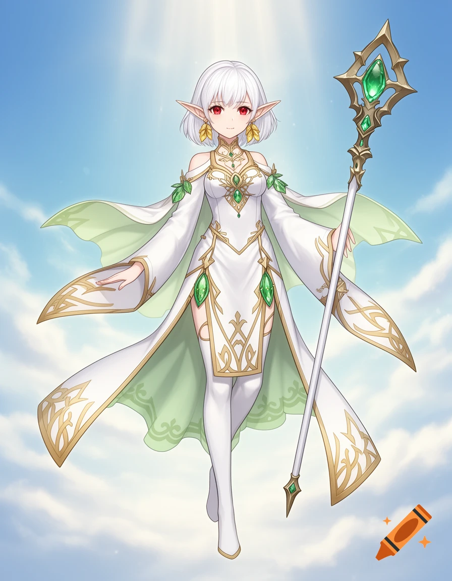 Anime elf priestess with white hair and red eyes, wearing a white, gold, and green outfit, holding a staff against a blue sky.
