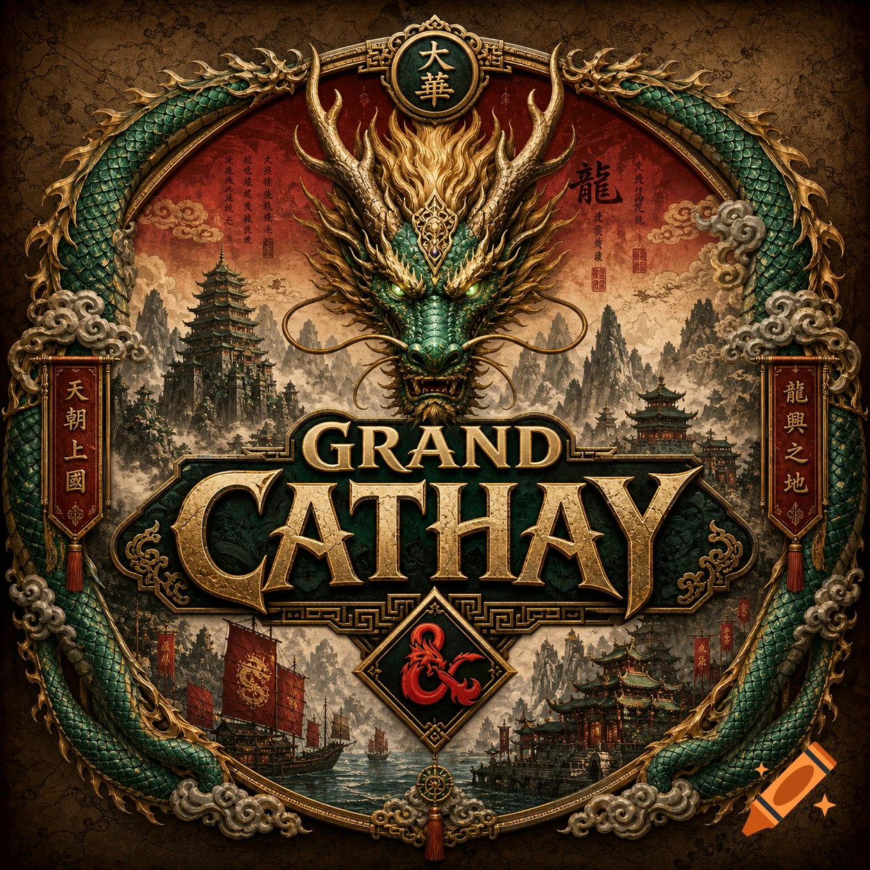A highly ornate logo featuring a majestic green and gold dragon head, surrounded by intricate borders. Below, traditional Asian architecture, junks on a turbulent sea, and mountains create a rich landscape. The text "GRAND CATHAY" is prominent, along with a D&D ampersand and legible Chinese characters.