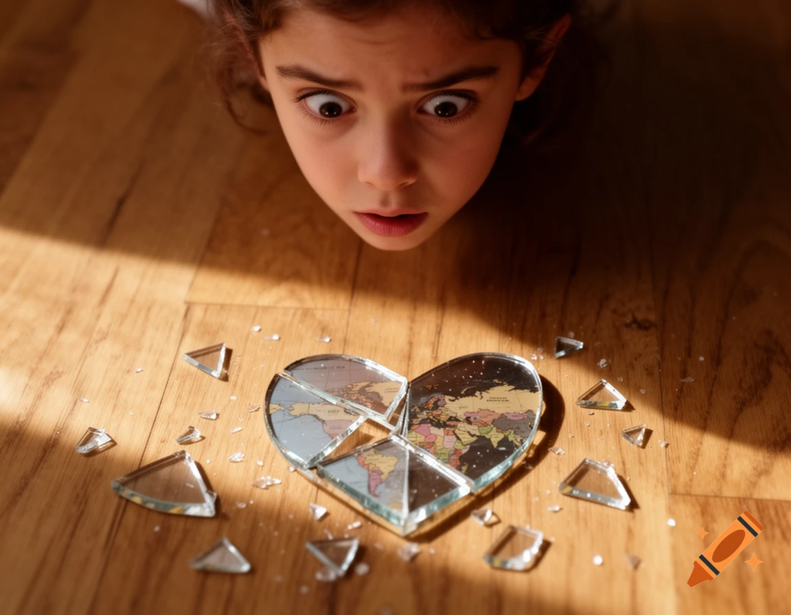 A child with wide eyes looks down at a broken heart-shaped globe, shattered on a wooden floor.