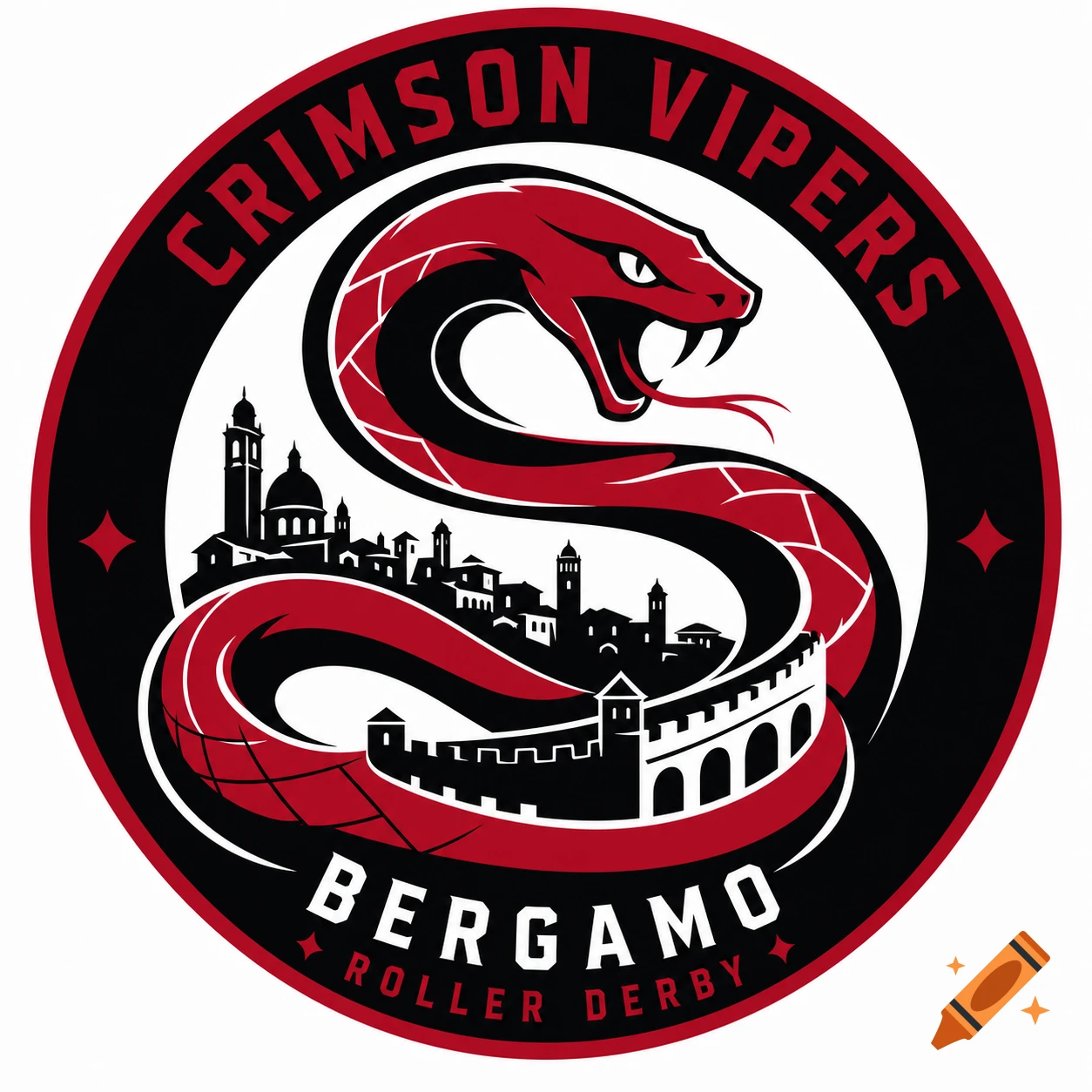 Modern vector logo for Crimson Vipers Bergamo Roller Derby, featuring a red and black snake coiled around a city silhouette.