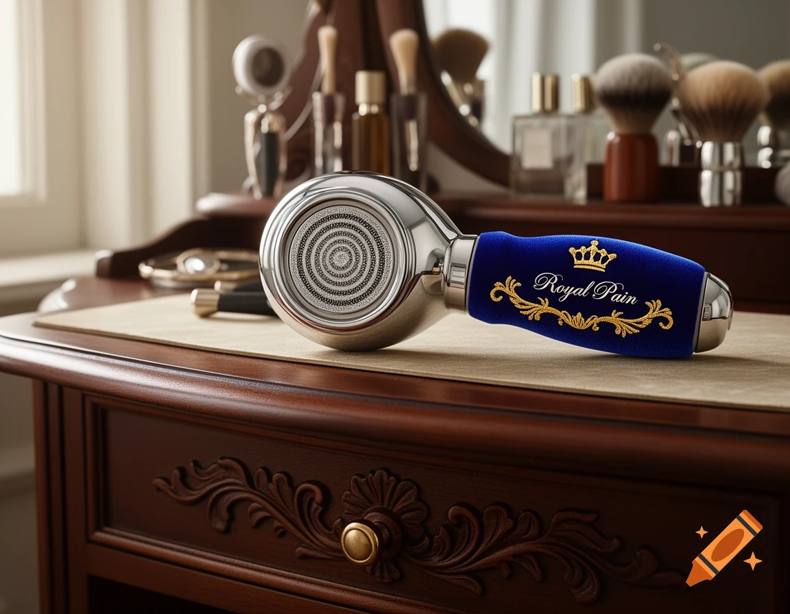 A fancy electric grooming tool with a silver head and a blue velvet handle embroidered with 'Royal Pain' in gold, on a wooden vanity.