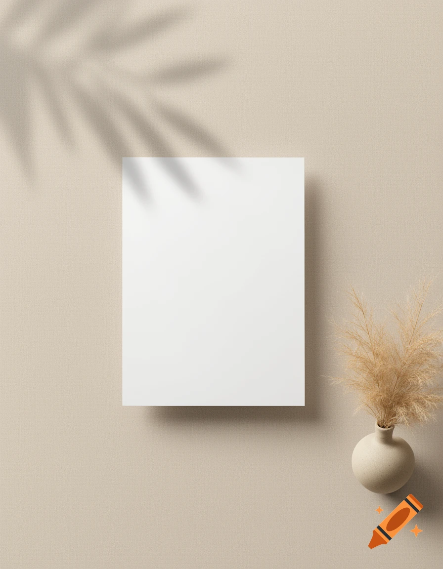 Blank white paper on a beige background with leaf shadows and a small vase of dried pampas grass, top-down view.