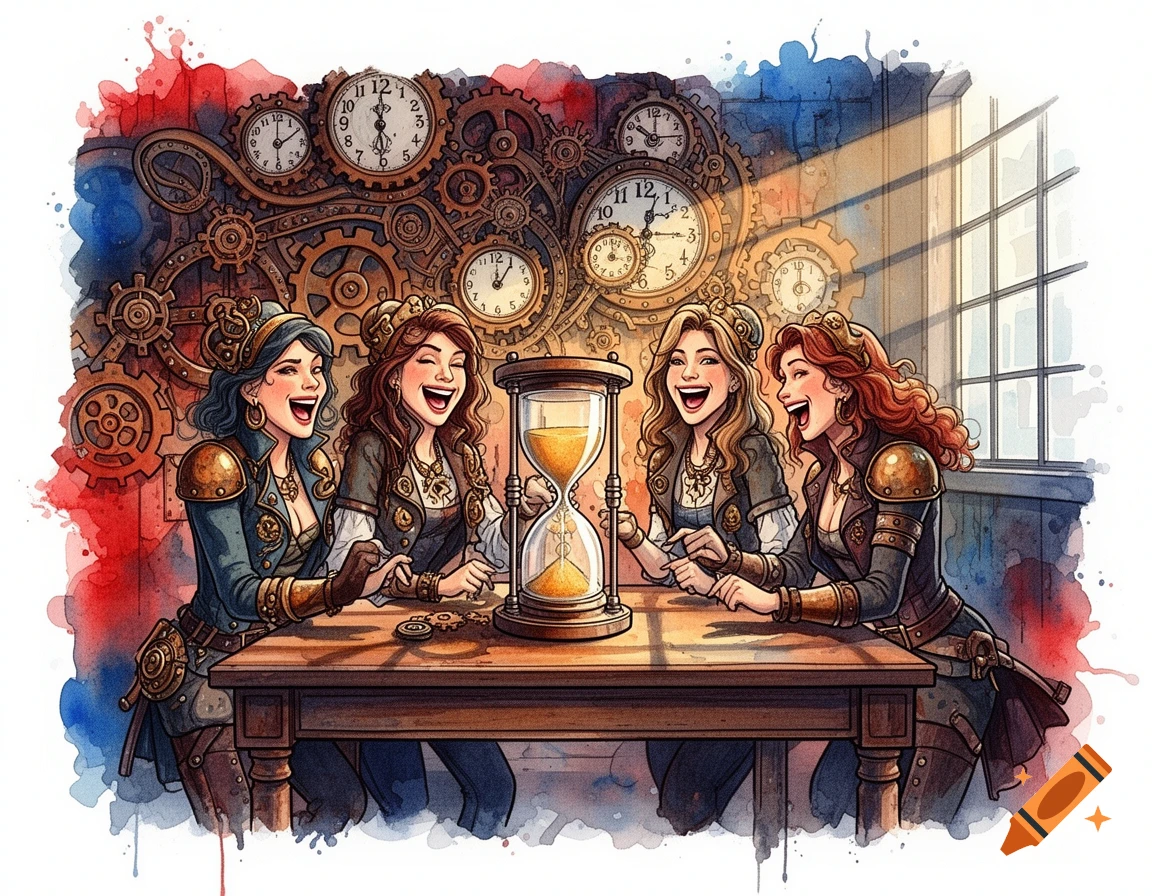 Watercolor illustration of four women in steampunk attire laughing around a table with an hourglass, surrounded by clocks and gears.