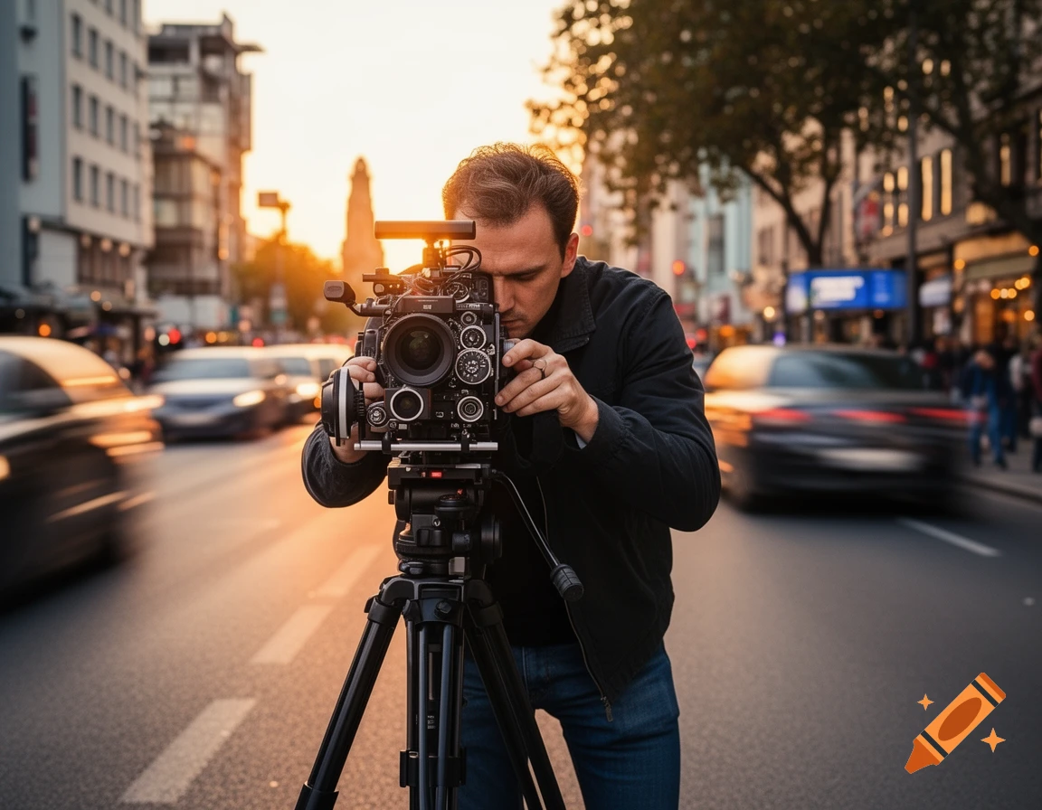 A cameraman operates a professional camera on a tripod in the middle of a busy city street at sunset.