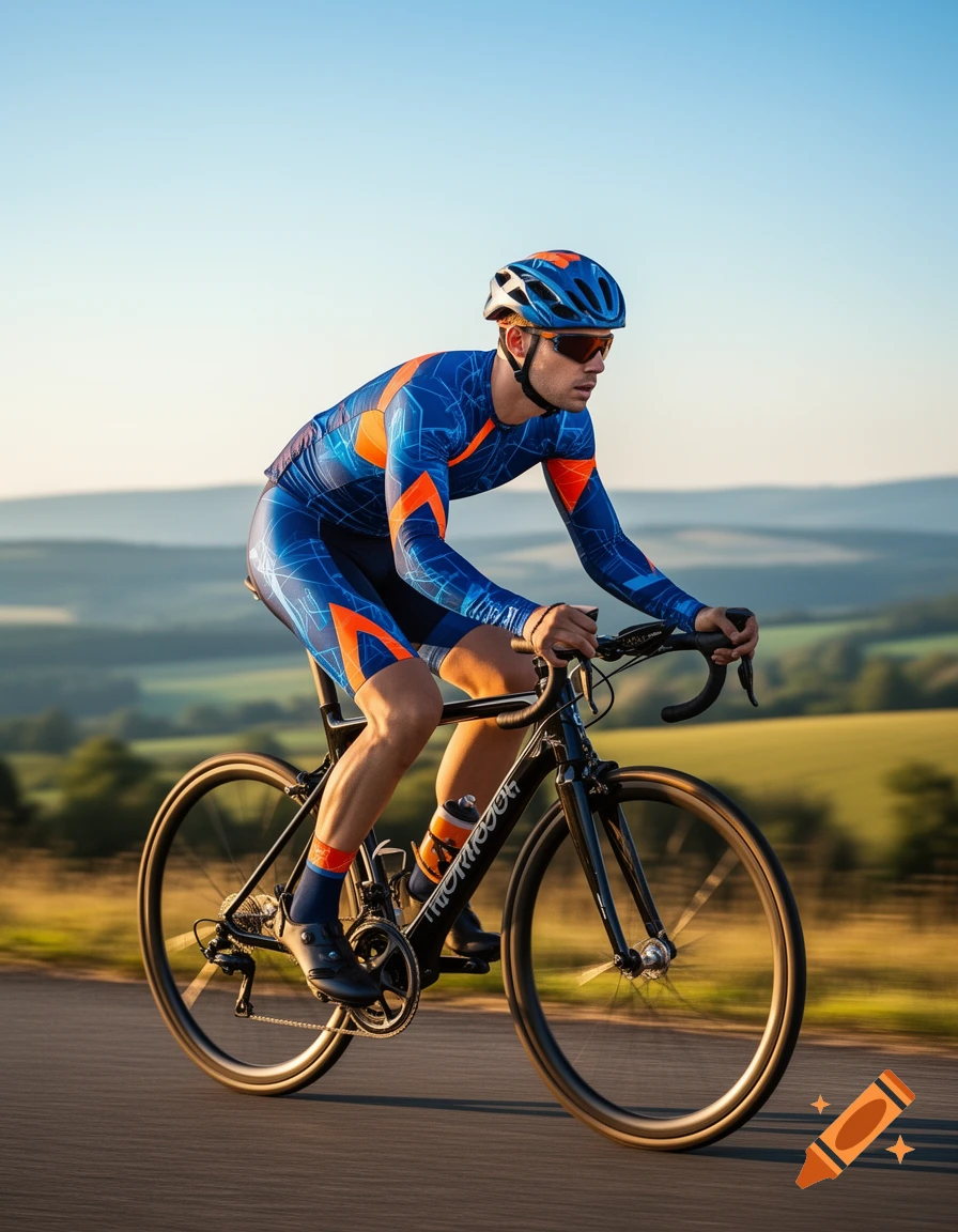 A male cyclist in a blue and orange geometric-patterned suit rides a black road bike on an asphalt road with rolling green hills in the background under a clear sky.