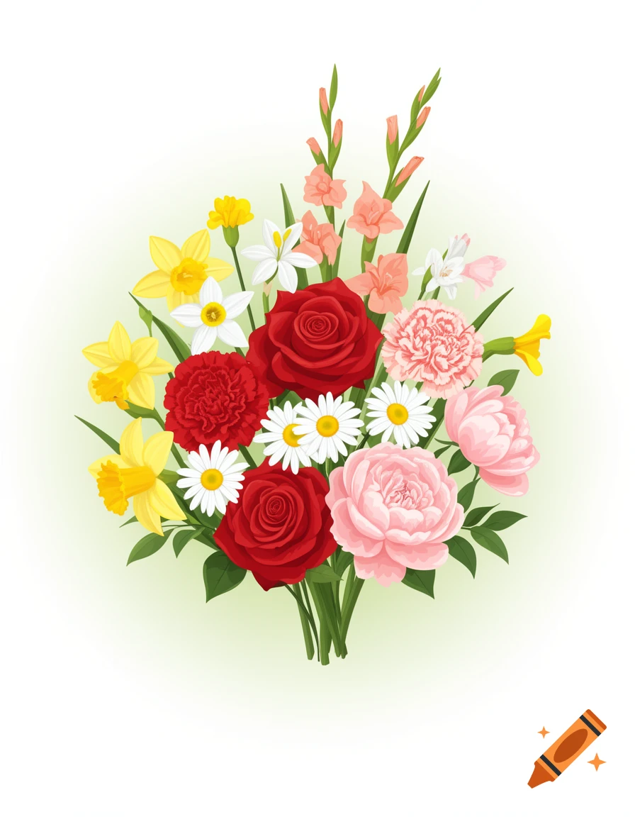 A vibrant vector art bouquet featuring red roses, pink peonies, white daisies, yellow daffodils, white narcissus, red carnations, and pink gladiolus with green leaves.