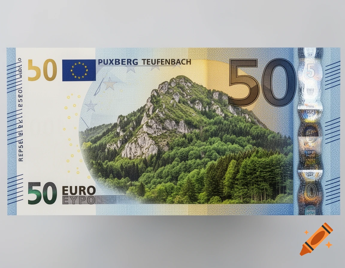 A 50 Euro banknote featuring a mountain forest landscape of Puxberg in Teufenbach, set against a light background.
