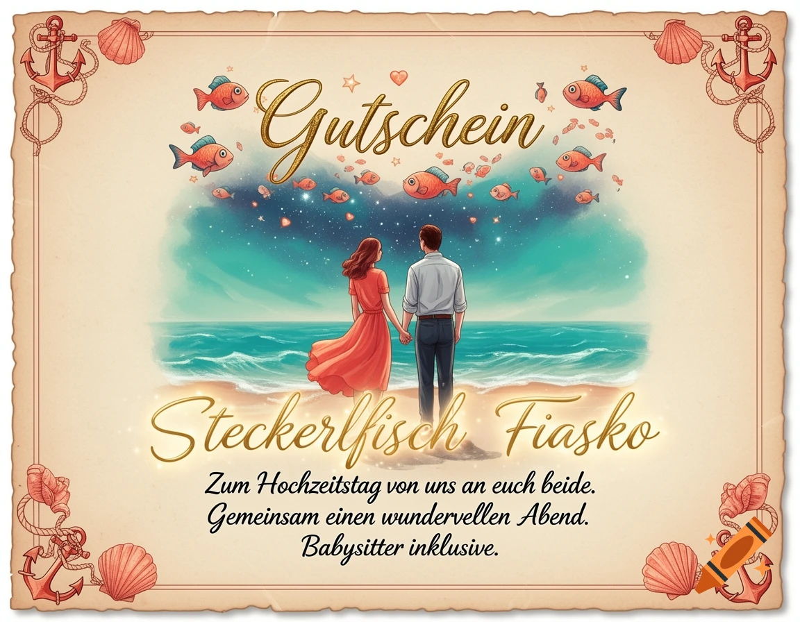 A vintage-style gift certificate illustration depicting a couple holding hands on a beach under a starry sky with fish, text, anchors, and seashells.