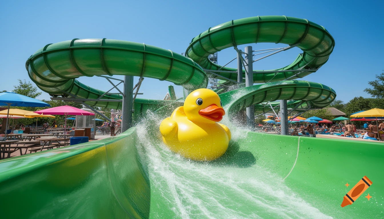 A giant yellow rubber duck slides down a green water slide, splashing water at a sunny water park with colorful umbrellas.