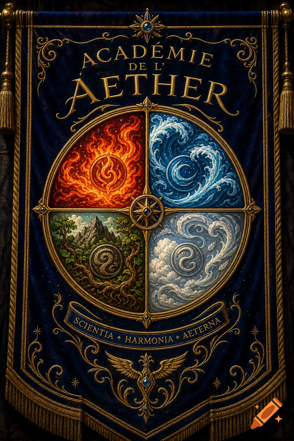 Ornate blue and gold fantasy banner with four elemental quadrants for fire, water, earth, and air, inscribed 'ACAD MIE DE L' AETHER'.