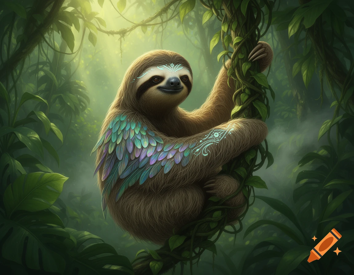 A fantasy sloth with iridescent feathers and glowing markings clings to a vine in a lush, sunlit jungle.
