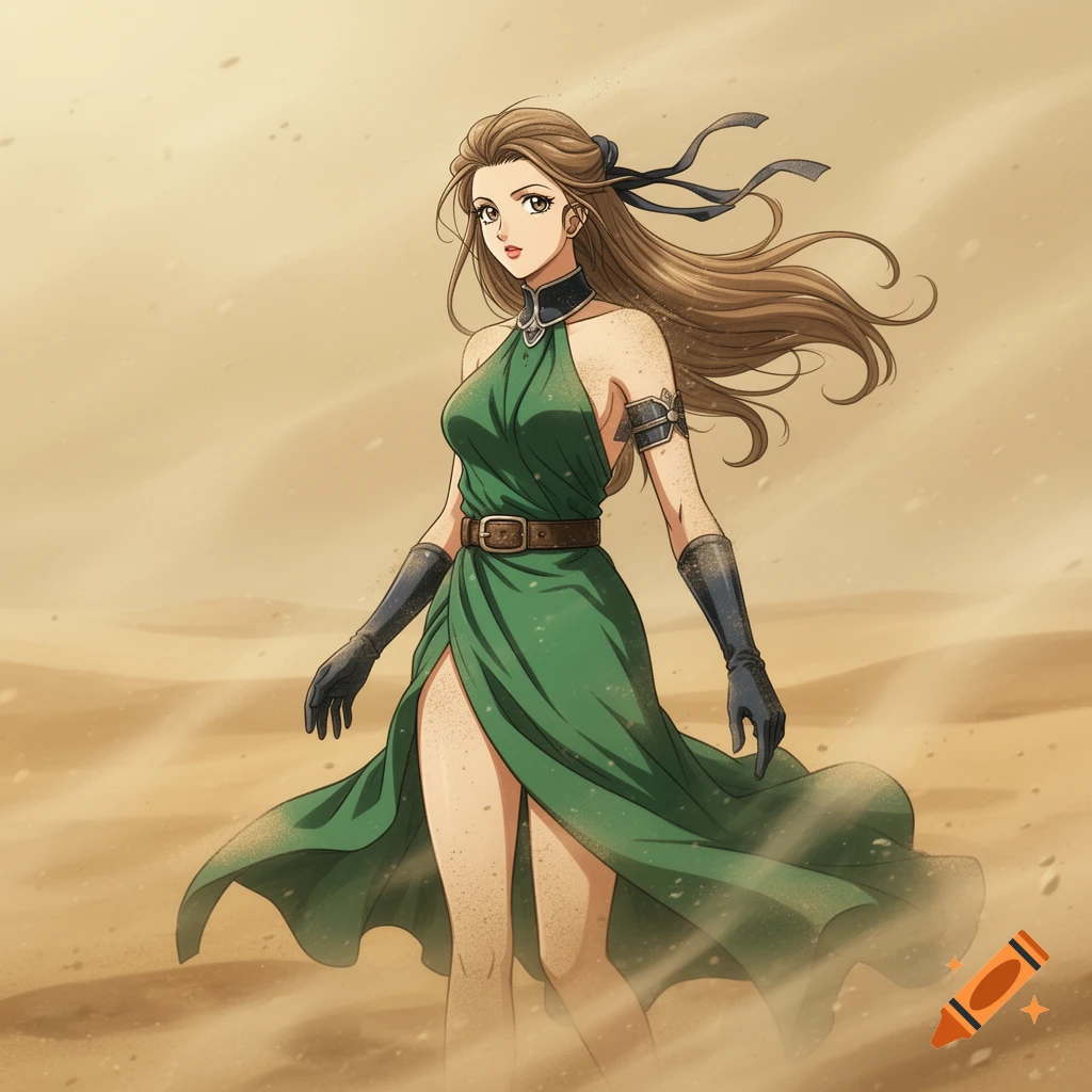 A brown-haired anime woman in a green slit dress, gloves, and a collar stands in a windy desert.