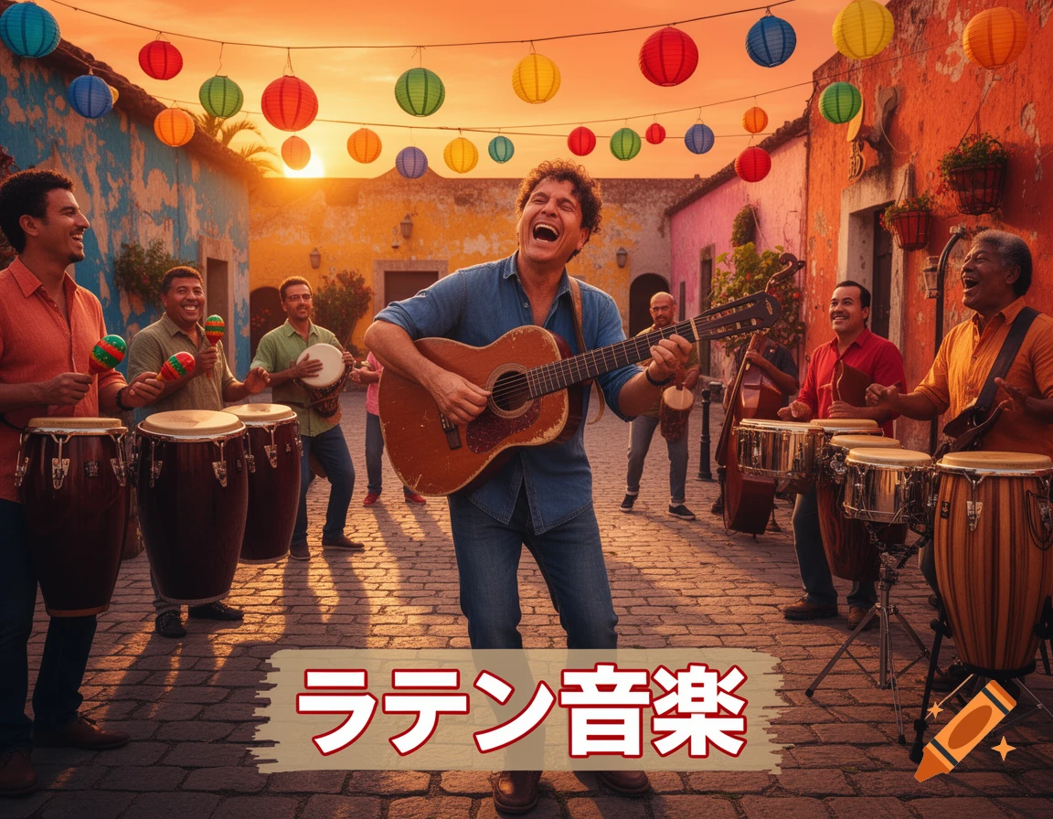 A group of men enthusiastically playing Latin music in a colorful outdoor setting at sunset, with lanterns strung overhead. Text overlay says "Latin Music".